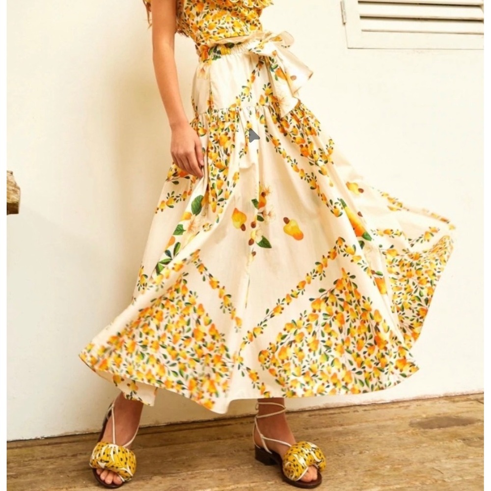 Farm Rio Women White Yellow Cashew Fruit Floral Print Maxi Skirt Size L